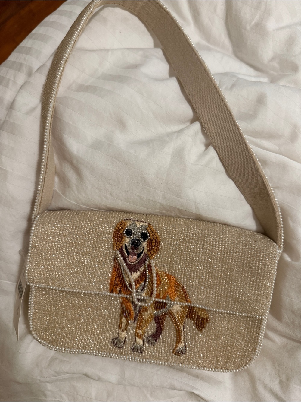 Anthropologie Beaded Beige Shoulder Bag with Embroidered Dog